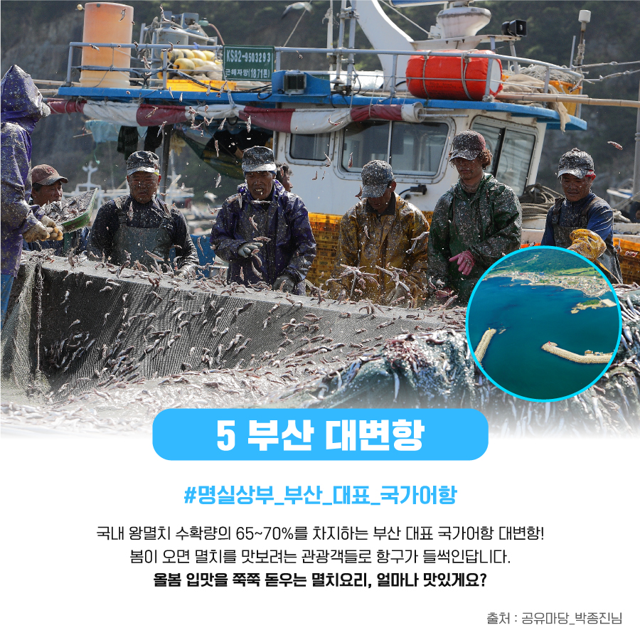 5. 부산 대변항 #명실상부_부산_대표_국가어항 국내 왕멸치 수확량의 65% ~ 70%를 차지하는 부산 대표 국가어항 대변항! 봄이 오면 멸치를 맛보려는 관광객들로 항구가 들썩인답니다. 올봄 입맛을 쭉쭉 돋우는 멸치요리, 얼마나 맛있게요? 출처 : 공유마당_박종진님 