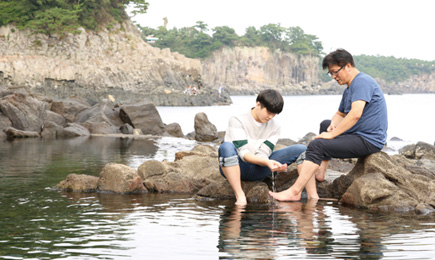 제주도 풍경(얕은 물에서 바지를 걷고 앉아서 놀고 있는 아버지와 아들의 모습)